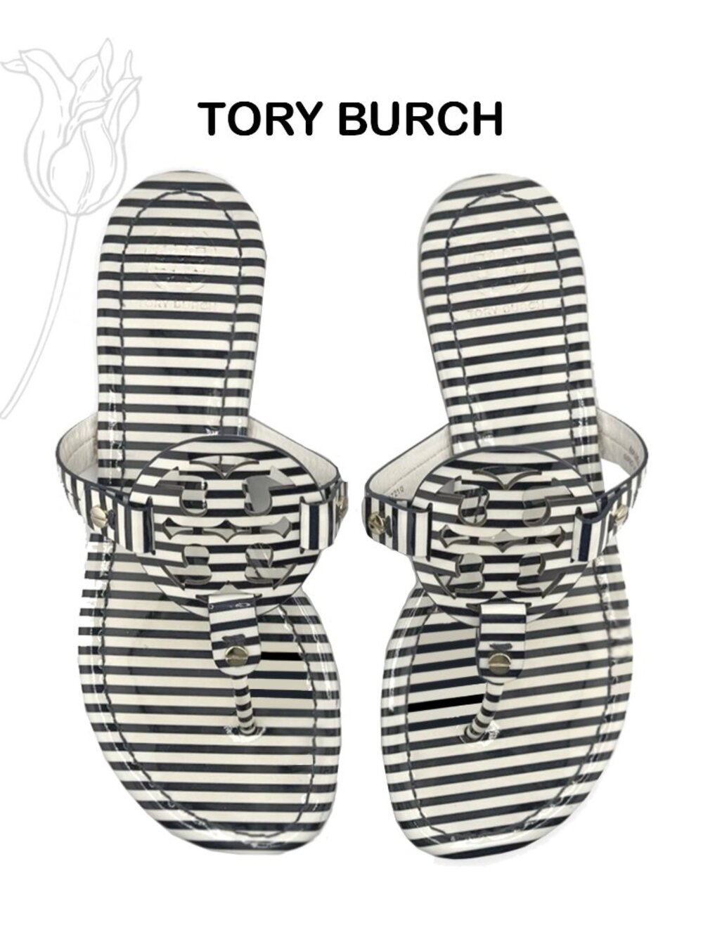 TORY BURCH Miller Nautical Stripe Patent Leather T Logo Flat Sandals